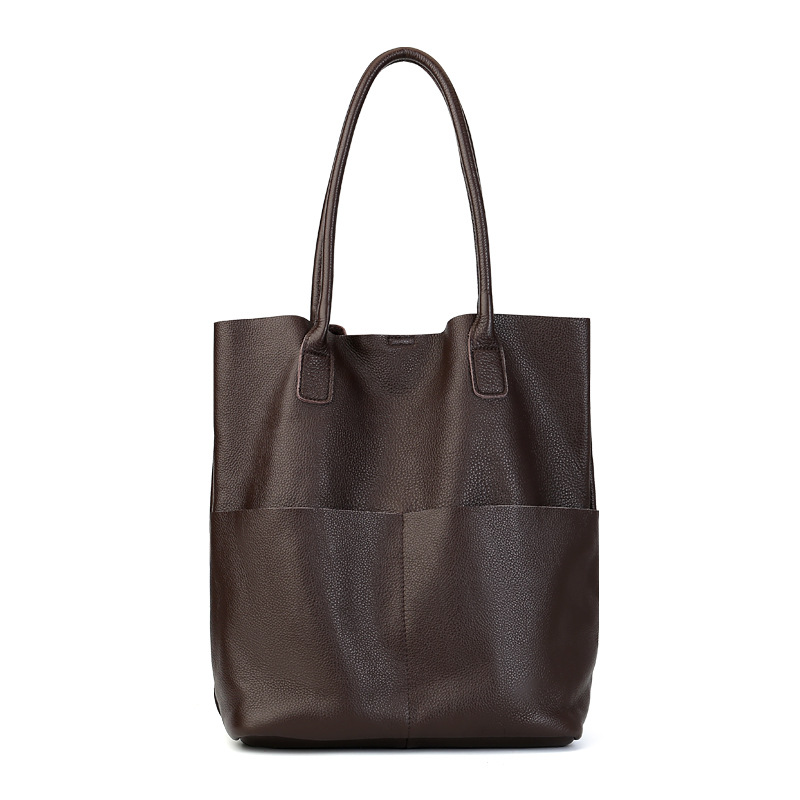 New Genuine Leather Large Capacity Shoulder Tote Bag For Women High-End Minimalist Commuter Soft Cowhide Bucket Bag - Thumbnail 5