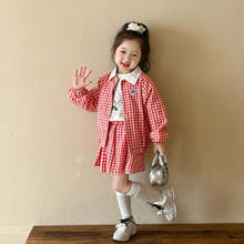 2025春季新款童装 韩版童装 女童幼儿园红格子套装 外套+百褶裙