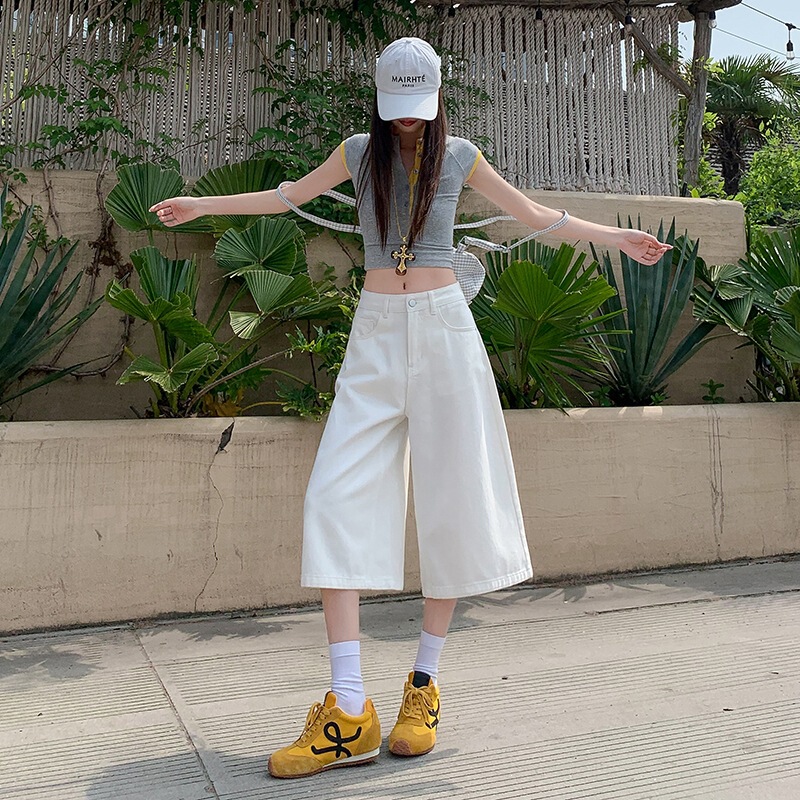 [Three Colors] Women's Denim Shorts, Summer Thin Loose Fit, Slimming, Versatile, Wide-Leg 7/8 Pants for Commuting