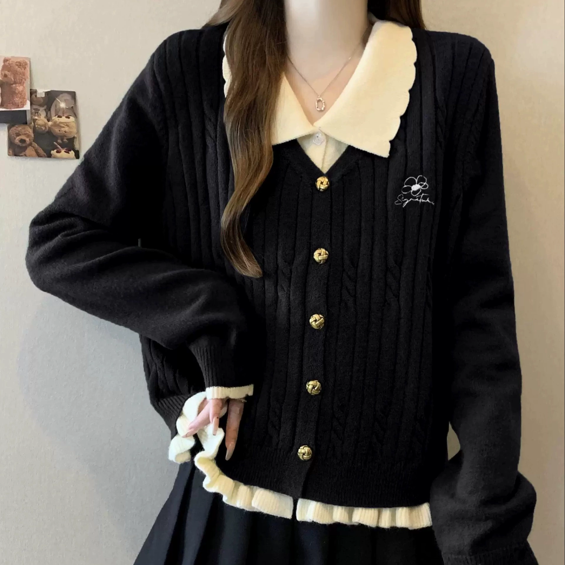 Кукла воротник с плечом трикотажный кардиган свитер куртка женская осень-зима большой размер толстый мм поддельный топ из двух частей