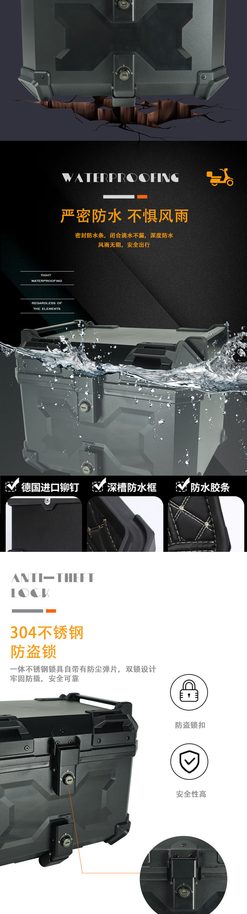 45LX embossed ABS plastic tailbox double lock quick release motorcycle aluminum alloy tailbox toolbox wholesale trunk