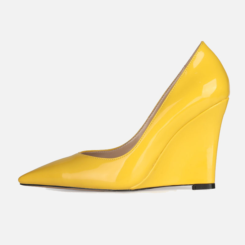 Cross-border exclusive new wedge heels sapphire blue yellow patent leather single-layer shoes professional women's shoes size 45