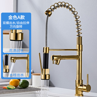 Cross-Border Kitchen Spring Faucet Double Outlet Pull-Out Hot and Cold Household Sink Stainless Steel Rotatable Faucet