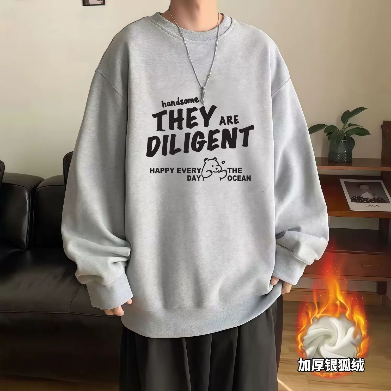 400G重磅纯棉秋冬美式重磅加绒卫衣男士潮流圆领宽松长袖套头上衣