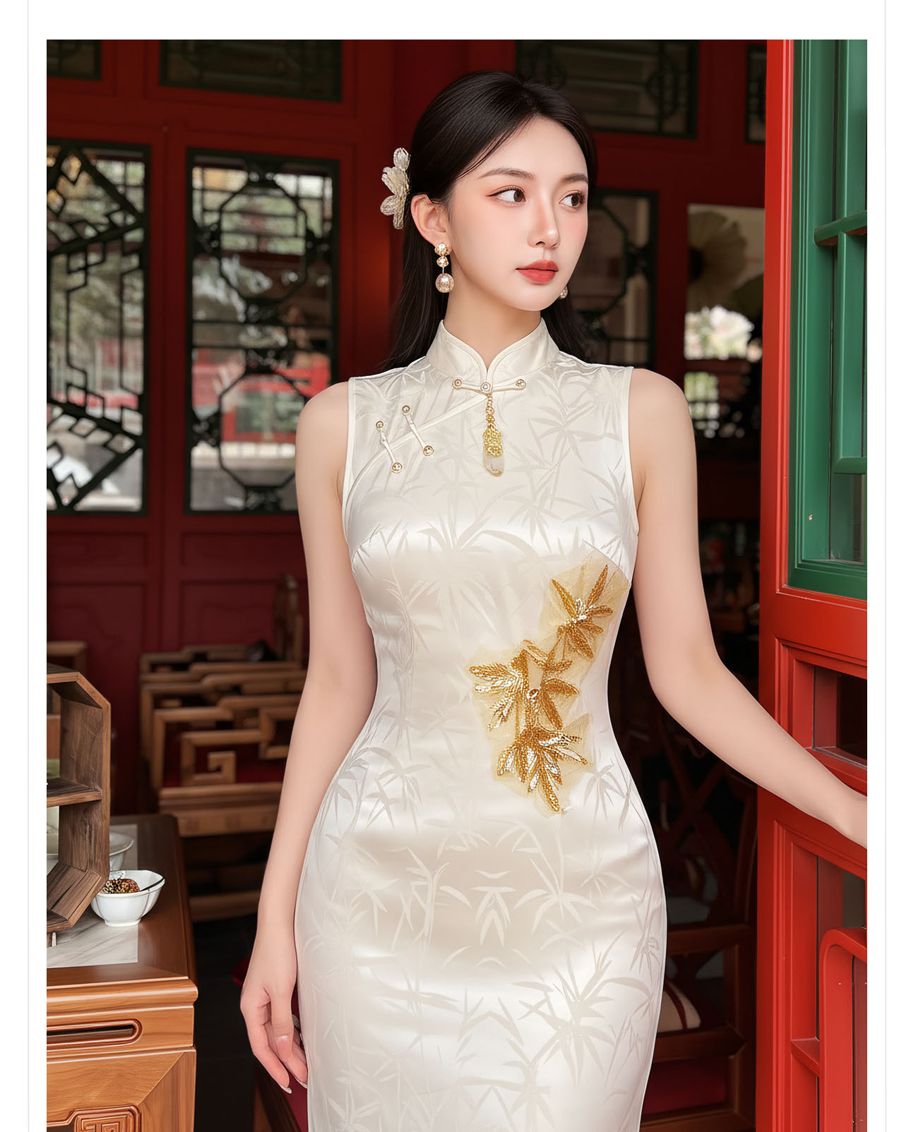 Đầm maxi thắt eo phong cách tân cổ điển họa tiết hoa văn nổi — màu mơ chi tiết 4