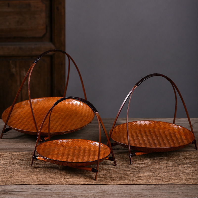 Bamboo Woven Round Fruit Plate Three-Piece Set for Living Room, Household Storage Basket Tray, Farmhouse Creative Style Steamed Bun Basket, Bamboo Material Bamboo Woven Round Fruit Plate Three-Piece Set for Living Room, Household Storage Basket Tray, Farmhouse Creative Style Steamed Bun Basket, Bamboo Material