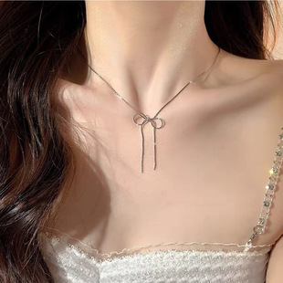 Titanium Steel Color-free Sweet Bow Tassel Necklace Women's Simple Niche Design Exquisite High-end Clavicle Chain