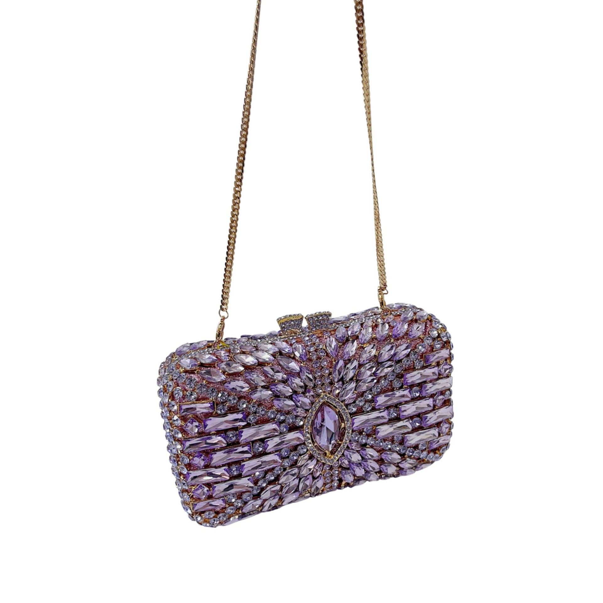 Túi clutch nữ đính đá rhinestone hộp cứng kim loại cầm tay dạ hội — Màu hồng, Hoa violet, Đế vàng kim cương, Màu sâm panh chi tiết 9