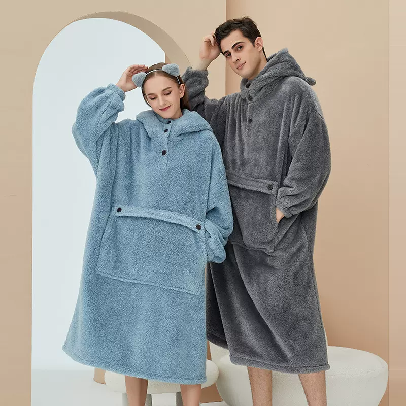 跨境睡衣女秋冬季珊瑚绒睡袍加厚居家服套头情侣家居服可一件代发