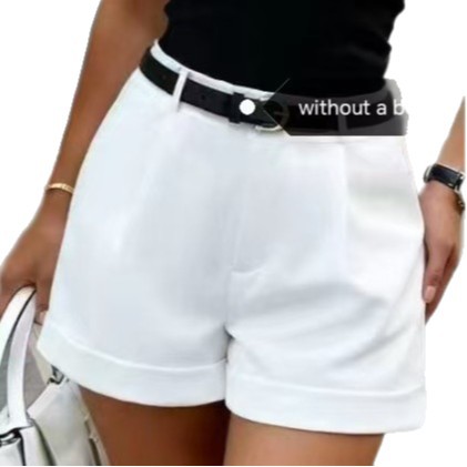 Modische, einfarbige Damen-Shorts für Frühling/Sommer – lässig, figurschmeichelnd, trendig und beliebt – hochgekrempelt, ohne Gürtel_voghion.com