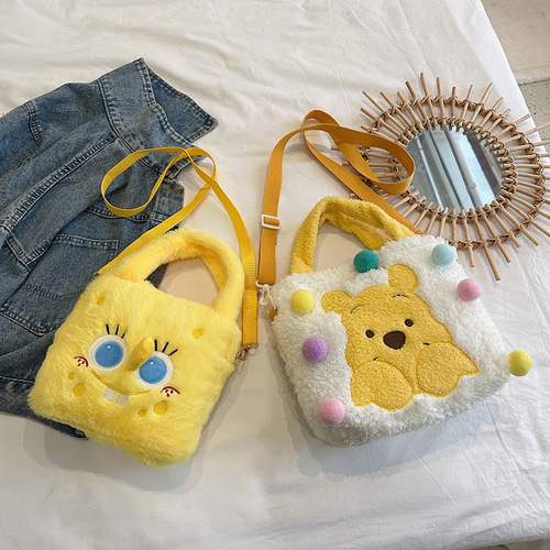 Japanese-style new children's fuzzy ball Winnie the Pooh SpongeBob single-shoulder cross-body bag cartoon toy figure bag wholesale