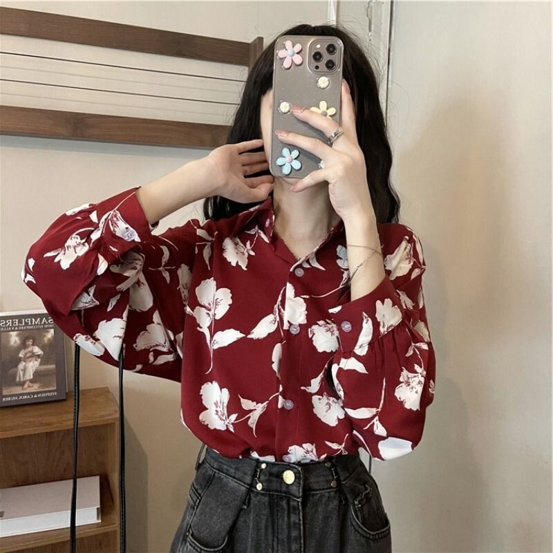 Spring and Autumn New Arrival School Season Retro Hong Kong Style Flower Shirt Elegant Stylish Fashion Printed Long Sleeve Shirt Loose Casual