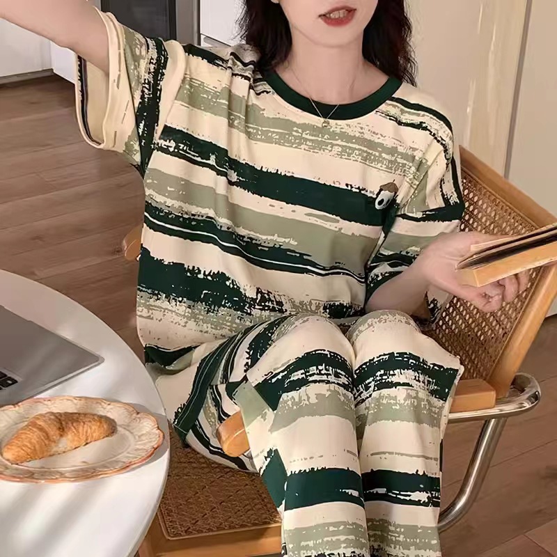 Pantalones a rayas de manga corta de dibujos animados dulces primavera y verano nuevos pijamas mujeres coreanas se pueden usar lindos trajes de verano para el hogar image 48