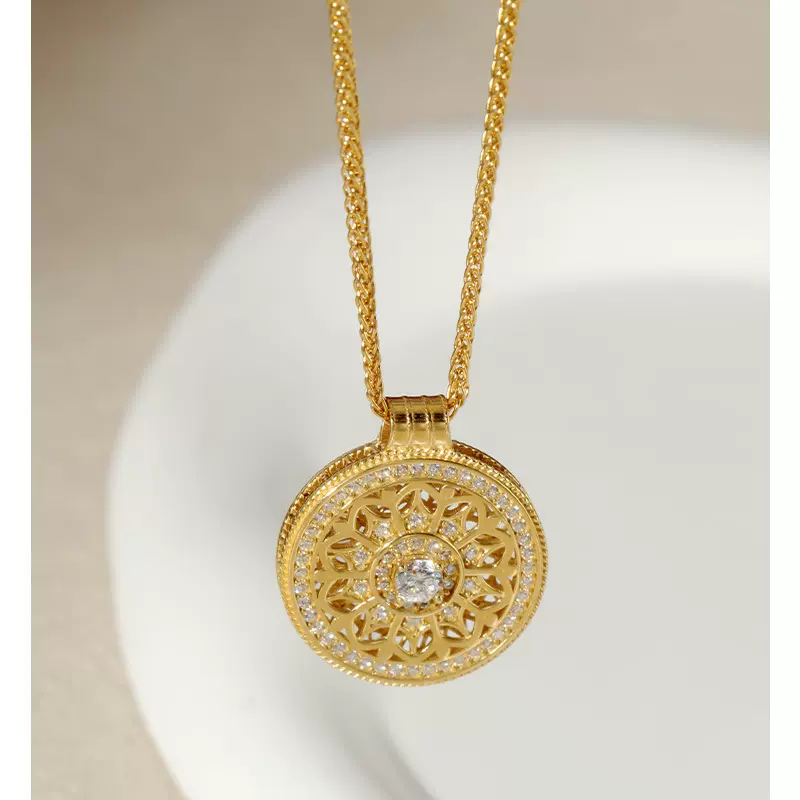 925纯银项链罗盘八宝吊坠女轻奢高级感小众时尚锆石ins毛衣链饰品