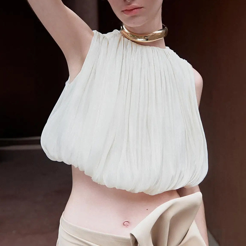 Simple Style Tops for Women 2025 Summer New Fashion Casual Round Neck Solid Color Mesh Pleated Design Loose Shirt