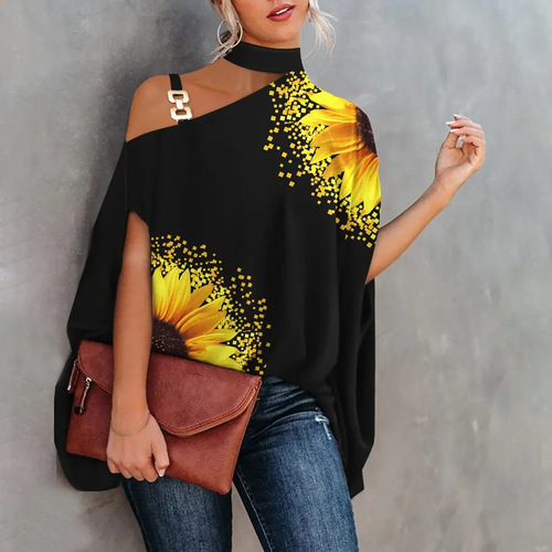 Summer Wish Women's Printed Sexy Slit Collar Loose Top M10056