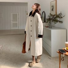 米白色撞色翻领风衣外套女2025春新款韩版气质中长款过膝廓形大衣