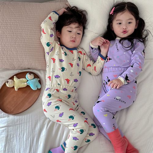 Children's Korean Version Warm Autumn Home Clothing Pajamas 100% Cotton A Grade for Boys and Girls, Fleece Autumn Top and Bottom, Baby Pajamas