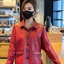 海宁秋季新款皮夹克女短款方领真皮小牛皮宽松休闲百搭外套