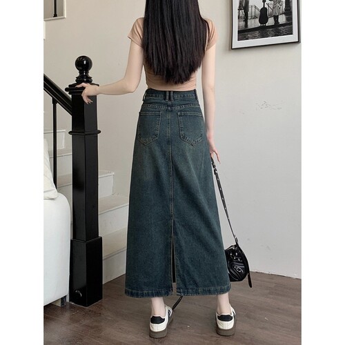 Plus Size Retro Slit Denim A-Line High-Waist Hip-Hiding Skirt for Pear-Shaped Figures - 2025 New Arrival Medium-Length Dress