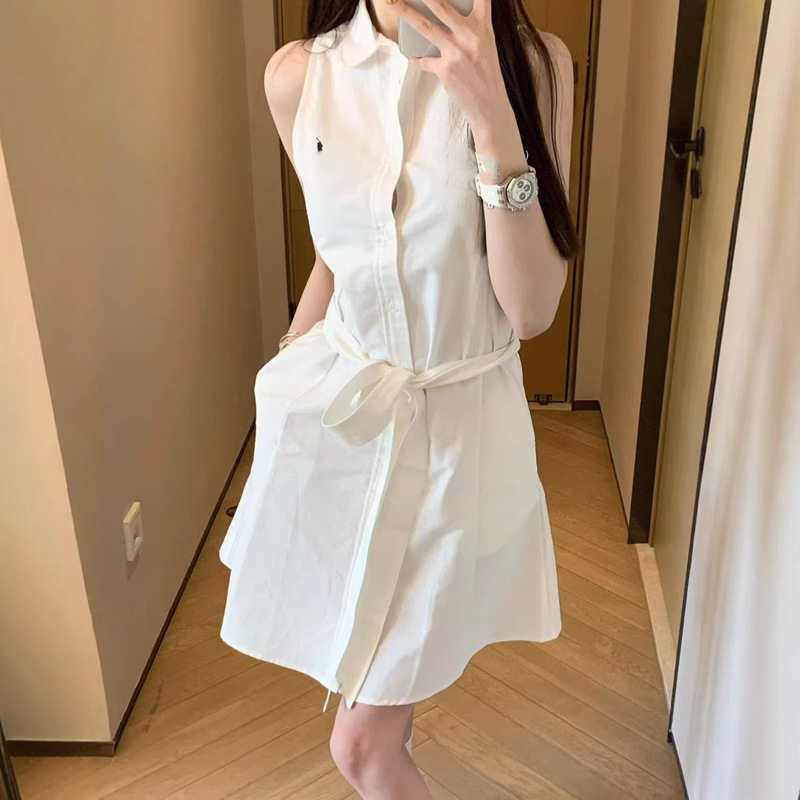 High Version RL Raff Spring Summer Pony Embroidered Sleeveless White Skirt Polo Lapel Lace-up White Moonlight dress High Version RL Raff Spring Summer Pony Embroidered Sleeveless White Skirt Polo Lapel Lace-up White Moonlight dress