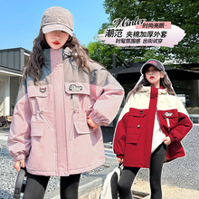 女童冬款棉衣2024新款儿童潮范两色拼接派克服中大童时尚薄棉外套