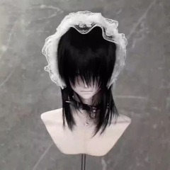 ウィッグ ナチュラル ブラック レイヤード前髪 クラゲヘッド ショート ウルフテール ユニバーサル cos 二次元 デイリー フルヘッド カバー