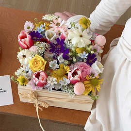 网红实木木盒无盖鲜花花束插花盒节日礼品盒送礼果篮永生花盒批发