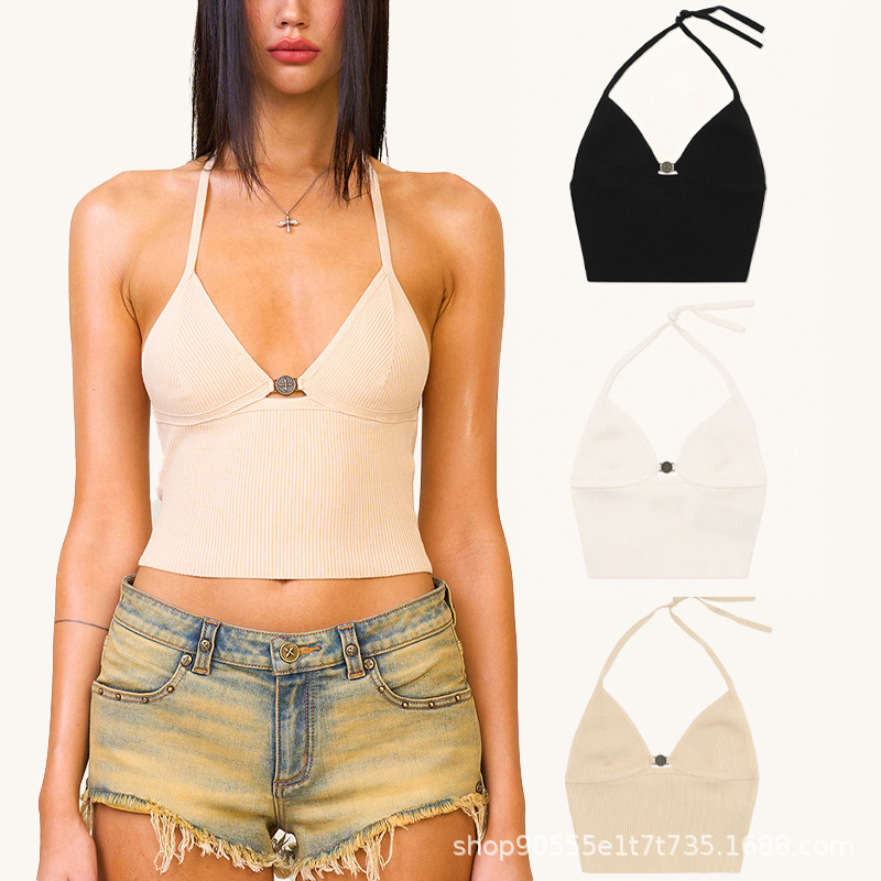SMFK Cross Coin Knitted Bra Halter Holiday Style Tight Lace-up Adjustable Short Top 24 New Women's Summer