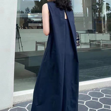 SKW韩版夏季法式设计宽松露背无袖背心连衣裙休闲减龄长裙