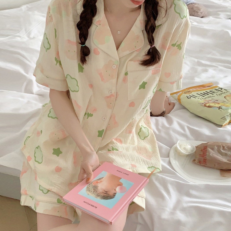 韩版可爱粉红印花开衫短袖睡衣女夏季休闲透气棉纱布家居服套装潮
