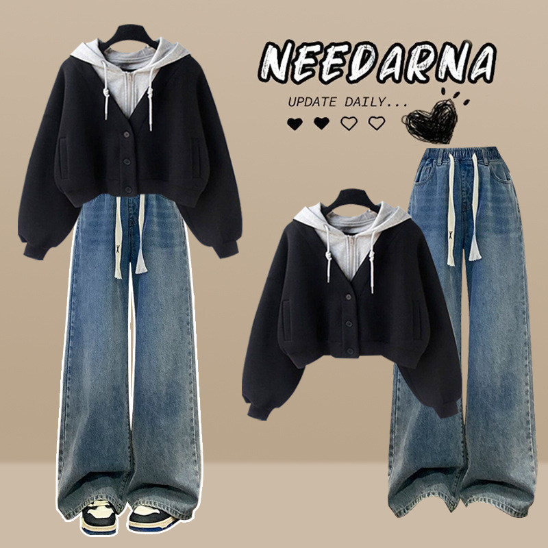 Denim suit# hooded fake two-piece short sweater autumn women stitching design with high waist wide leg jeans
