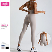 欧美速干裸感美背连体瑜伽服女休闲舞蹈运动健身服紧身收腹连体衣