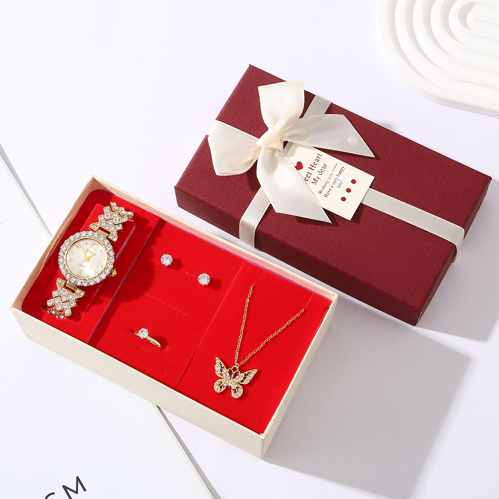 Women's Gift Set, Full Diamond Watch, Stainless Steel Necklace, Butterfly Jewelry, Gift for Mom on Chinese Valentine's Day, Valentine's Day Gift