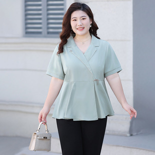 plus size Chiffon Shirt Draped Summer New Arrival plus size Women's Summer Dress Chubby Sister's Short-Sleeved Top Slim Breathable Dress Collar