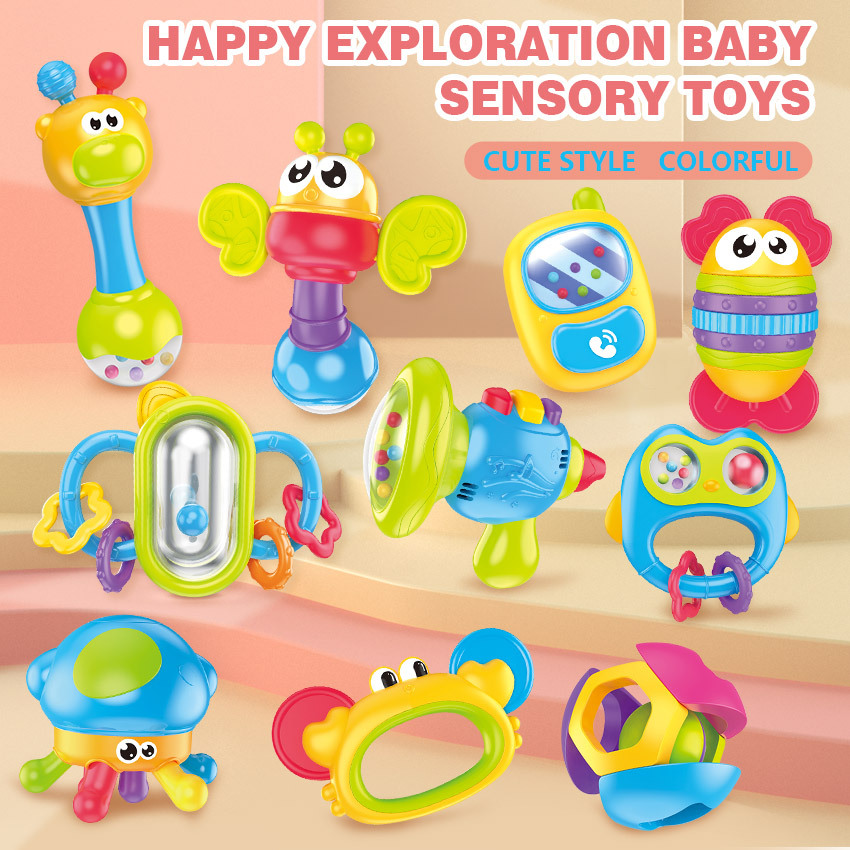 Bebé transfronterizo de 0 a 1 año puede morder el sonajero, juguete calmante, juego de sonajero de mano para bebé, juguete de campana giratorio