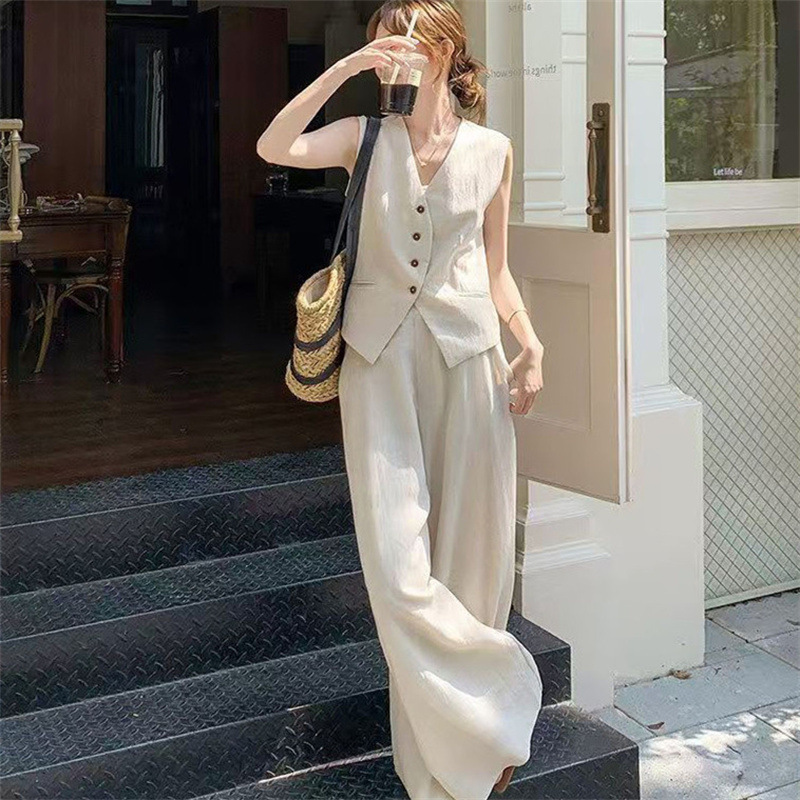 Vest Suit for Women, French Style, Old Money Style, Summer High-End Linen and Tencel Wide-Leg Long Pants, Two-Piece Set