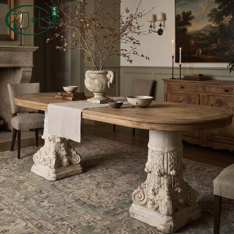 American-style rustic living room, grand dining table, unique and creative design, high-end feel, conference table, decorative table for guesthouses and hotels