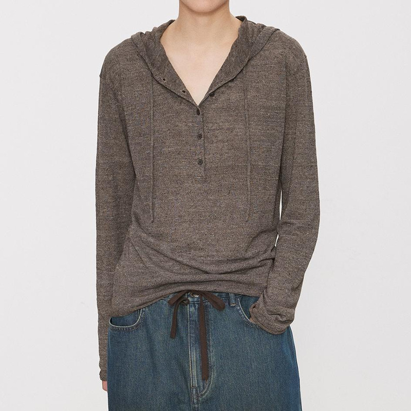 Joc Cool Color-Block Textured Cashmere Henley Hoodie Relaxed Vintage Loose Top for Women