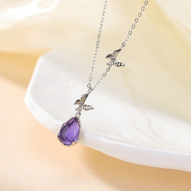 Dây chuyền mặt dây chuyền bạc S925 mạ vàng hình bướm giọt nước phong cách quốc phong — Bạc (kèm dây)