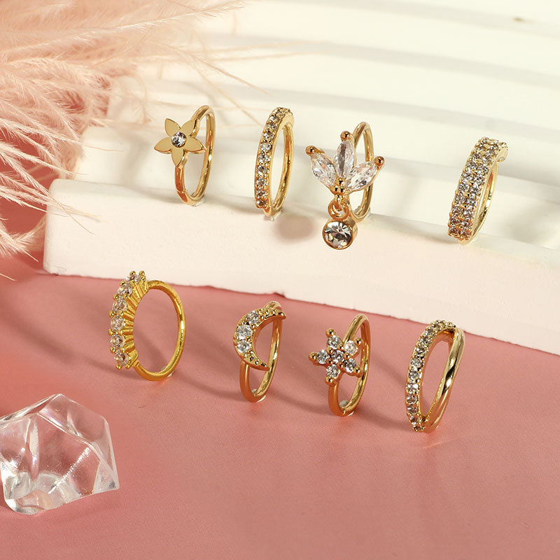 Stainless Steel Heart Nose Ring - CZ Geometric Open Nose Clip Piercing Jewelry Set of 8 detail image 7