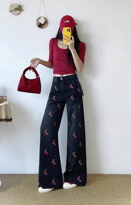 新款樱桃刺绣宽松牛仔裤女夏季高腰显瘦阔腿裤长裤|undefined