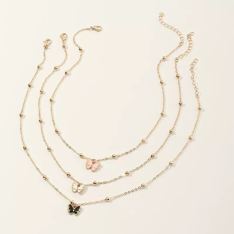 跨境欧美儿童合金滴油蝴蝶项链三条组合圆珠链女童可爱项链套装