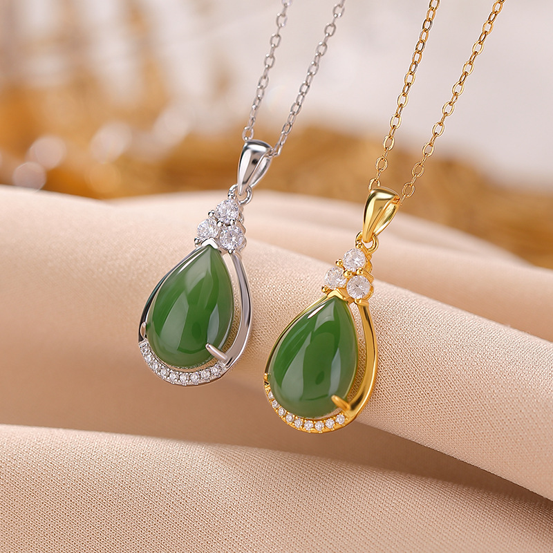 Mặt dây chuyền bạc S925 mạ vàng đá Jasper tự nhiên hình giọt nước dát ánh sáng — Mẫu bạc (không bao gồm dây chuyền)
