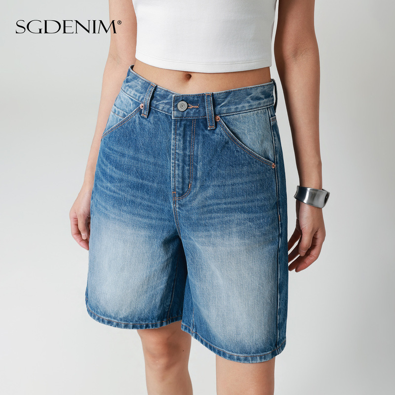 Casual Recommendation: Women's High-Waisted Straight-Leg Denim Shorts, Washed Vintage Style, Size 26, New Summer Model, Slimming and Versatile