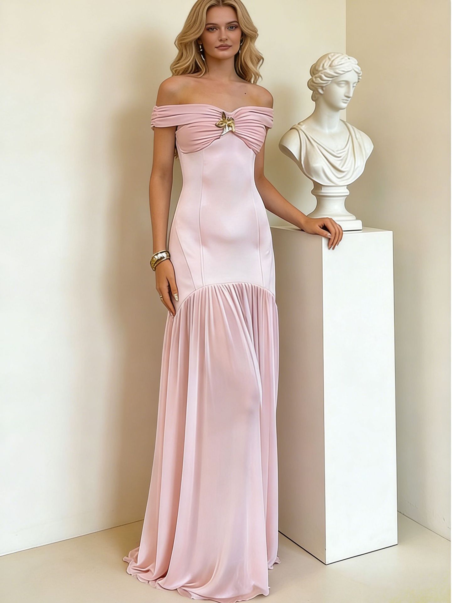 Women's Elegant Off Shoulder Backless Mesh Panel Flowy Maxi Dress – Sexy Summer Gown 2026_ecoleips.com