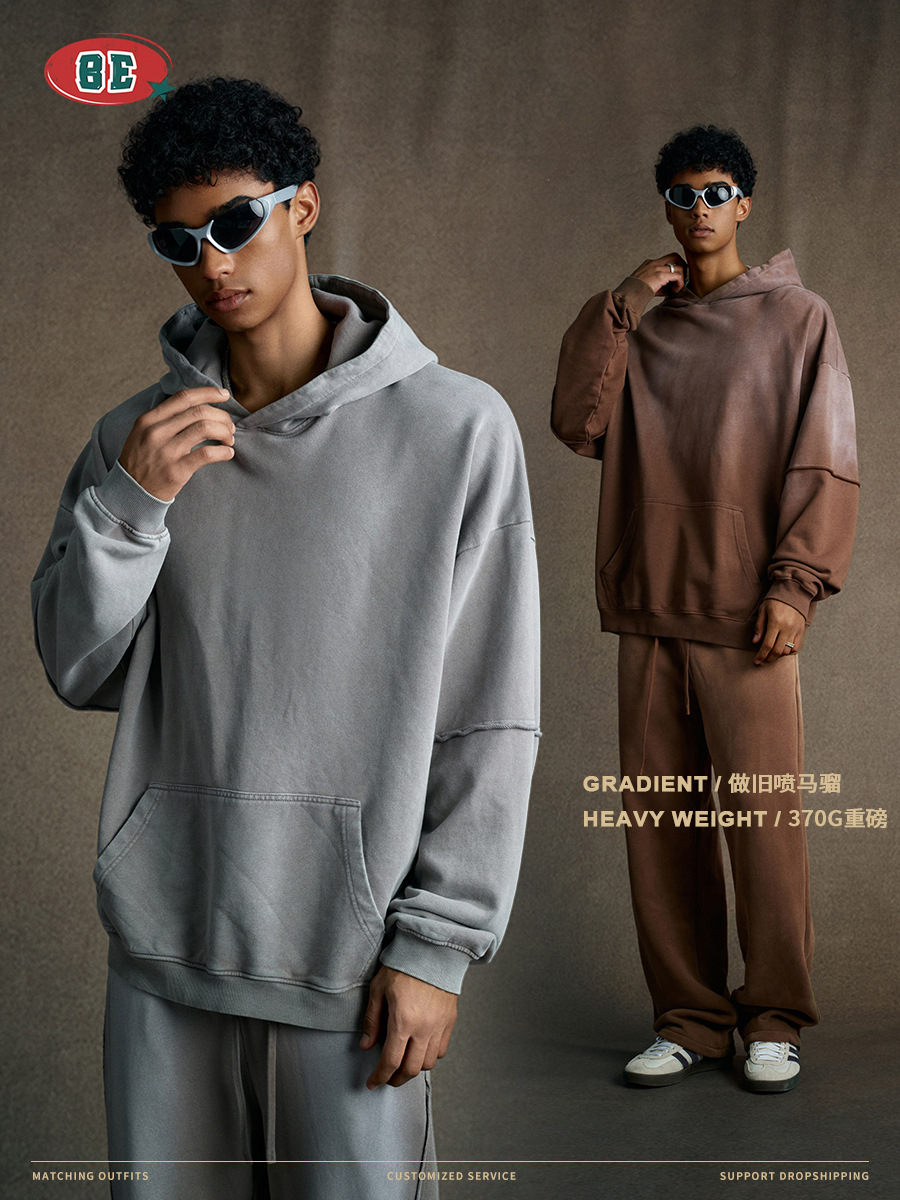 BE Men's Wear 2025 Autumn European and American High Street Heavy Supersize Old degradado falso suéter de dos piezas con capucha para hombres