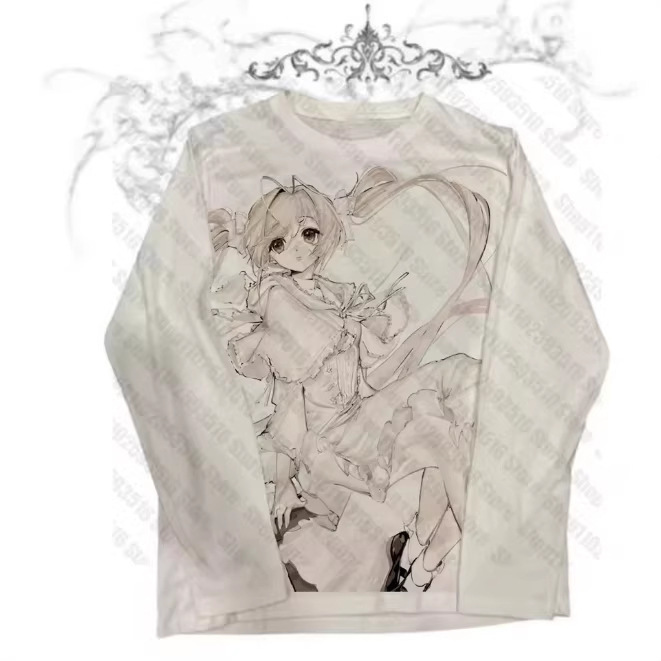 2026Y2K New Style American Cartoon Elements Personalized Street Style Loose Round Neck Long-Sleeved T-Shirt Tops for Men and Women