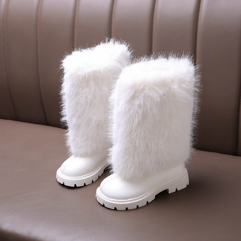 Girls' Furry Boots 2025 Winter New Style Kidsren's Boots Princess Leather Boots Little Girls High Boots