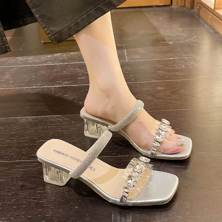 Женские прозрачные сандалии со стразами на лето 2024 года, новые элегантные сказочные сандалии на толстом каблуке с квадратным носком и высоким каблуком